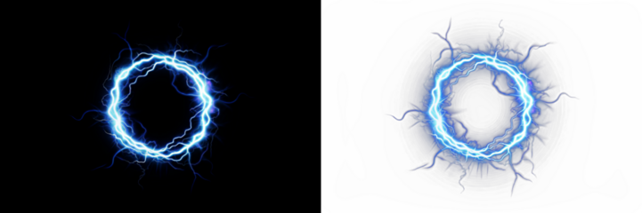 Electric blue lightning circle illustration with dynamic energy effects on contrasting black and white backgrounds, showcasing vibrant visual impact and creative design elements