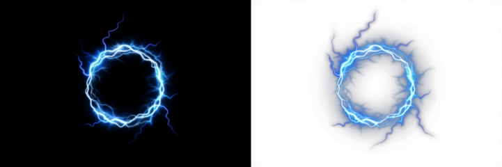 Electric blue lightning circle overlay on contrasting backgrounds, showcasing dynamic energy and vibrant visual effects for creative design applications and digital art projects