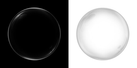 Transparent bubble overlay on black and white backgrounds, showcasing reflections and light effects, ideal for creative design projects and visual storytelling