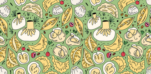 A rich seamless pattern with varied dumplings on a bright green background