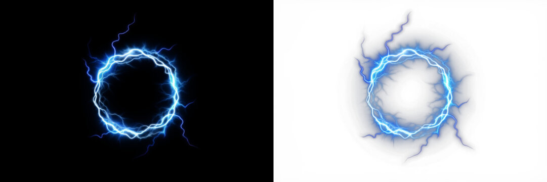 Electric blue lightning circle overlay on contrasting backgrounds, showcasing dynamic energy and vibrant visual effects for creative design applications and digital art projects