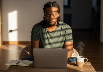 Focused young Black man working on a laptop from home. Freelancer or student studying online in a sunlit room. Remote work lifestyle concept