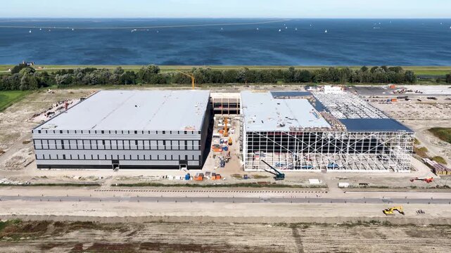 Lelystad, Flevoland, the Netherlands: Flevokust Haven Lelystad industrial estate with new logistics companies
