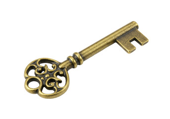 Antique brass key isolated on transparent background, vintage ornate skeleton key for decoration and design use PNG