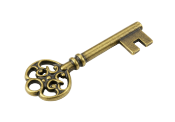 Antique brass key isolated on transparent background, vintage ornate skeleton key for decoration and design use PNG
