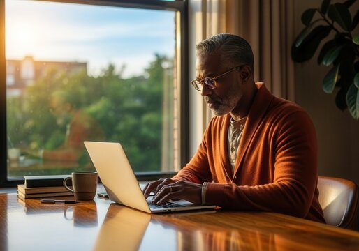 Mature African American man working on a laptop in a home office. Focused senior professional typing at a desk by a window with warm sunlight. Work from home concept - Powered by Adobe