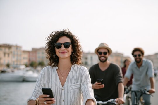 With a phone and friends against the background of city houses. Generative AI - Powered by Adobe