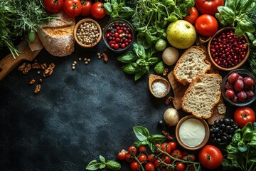 Fresh ingredients and baked bread arranged beautifully on a dark surface in a kitchen setting