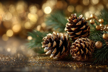 The pine cones and branches of the Christmas tree are decorated with gold glitter and sit on a table with a gold bokeh background and copy space.
