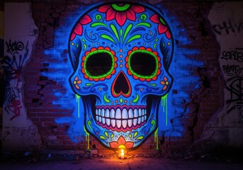 Vibrant blue sugar skull graffiti art with floral patterns and a candle flame at its base, illuminated in a dark alleyway