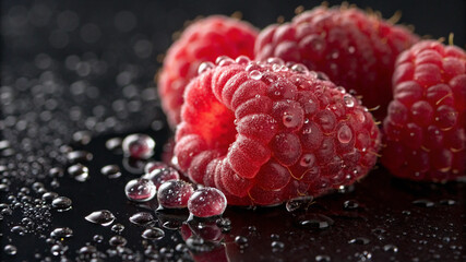 Vivid Red Raspberry Cluster with Water Droplets on Black Background