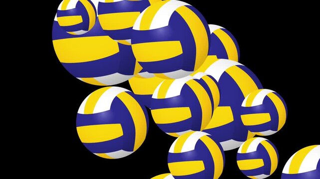 A simple animation of volleyballs bouncing and rotating on a black background, perfect for sports themes.