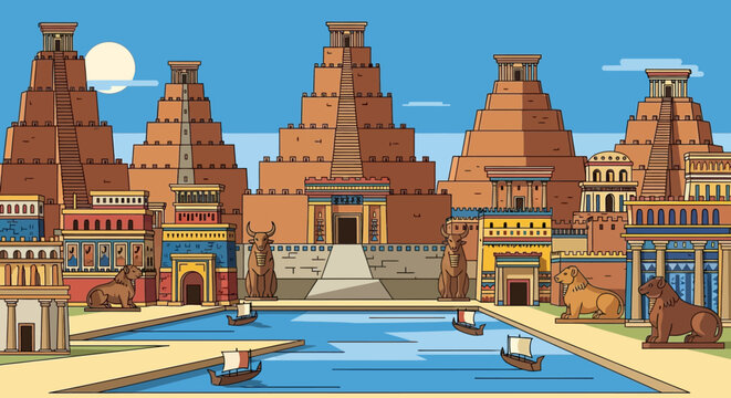 Ancient Mesopotamian City with Ziggurats and Waterways Illustration.