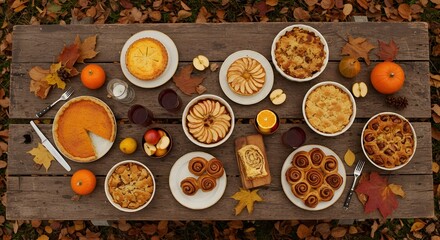Mesa de picnic con postres y tartas de oto&ntilde;o