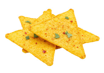 Fototapeta premium Pile of seasoned tortilla chips isolated on transparent background, crunchy snack for parties and appetizers PNG