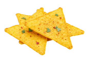 Pile of seasoned tortilla chips isolated on transparent background, crunchy snack for parties and appetizers PNG