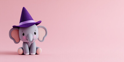 Cute elephant wearing purple witch hat, sitting on pink background, evokes playful and whimsical atmosphere