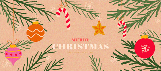 Merry christmas and happy new year greeting cards template. Vector set of winter holiday illustrations in vintage style. Christmas tree and toys.