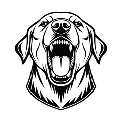 Fierce black and white illustration of a growling dog head with bared teeth and open mouth