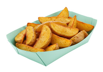Seasoned potato wedges in a paper tray isolated, golden brown baked potatoes for fast food menus and snack photography