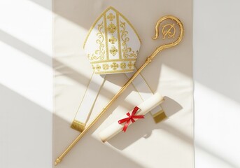 Saint Nicholas bishop's regalia with a golden mitre, crosier, and scroll. Christian religious symbols on a white background with copy space