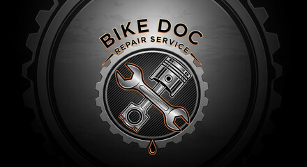 Bike Doc Repair Service logo design featuring a wrench and piston, perfect for motorcycle shops and mechanics, a modern emblem