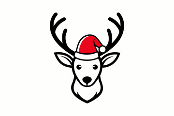 Festive Deer Head with Christmas Hat Line Art Drawing