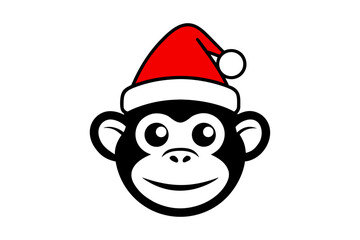 Festive Monkey Head in Santa Hat Vector Outline Illustration