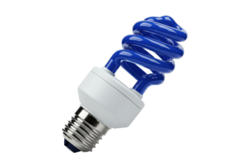 Blue compact fluorescent light bulb isolated on transparent background, energy saving lamp for lighting and eco-friendly solutions