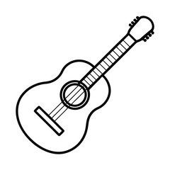 Simple outline drawing of an acoustic guitar with six strings and a soundhole on a white background