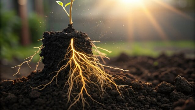 Plant with visible roots growing from dark soil under the sun - Powered by Adobe