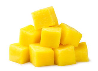 Pile of mango slice close-up on a white background. Isolated