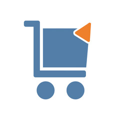 Blue shopping cart with orange arrow, symbolizing online shopping and e-commerce.