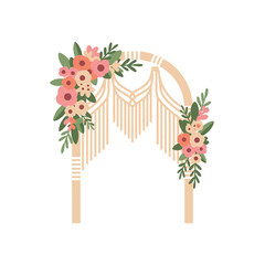 Boho Wedding Arch with Floral Accents and Macrame Details.