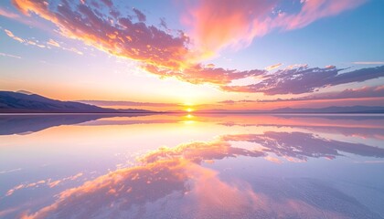 無人の塩湖が夜明けの光を受け、ピンクとオレンジの雲を鏡のように映し出す幻想的な風景。
静寂と広がりを感じる構図で、自然のスケールと美しさを強調しています。
ウェルネス、旅行、自然、瞑想、広告ビジュアルなどに最適な背景です。