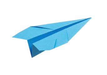 Blue paper airplane isolated PNG, origami toy for kids and creative design projects on transparent background