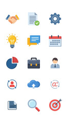 Business and Management Icons - Handshake, Document, Gear, Lightbulb, Speech Bubbles, Calendar, Pie Chart, Briefcase, Person, Cloud, Magnifying Glass, Target.