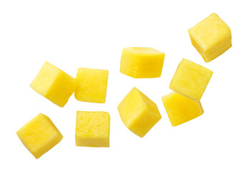 Mango cubes flying close-up on a white. Isolated