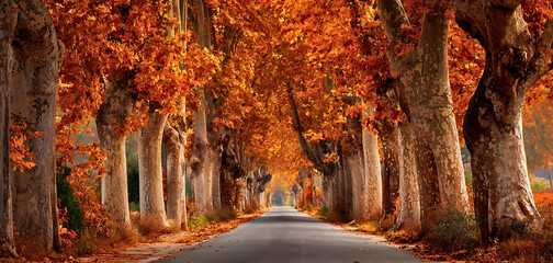 A picturesque tree lined avenue bathed in the warm golden light of autumn foliage