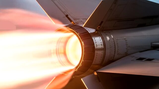 Close-up view of a jet engine afterburner igniting, showcasing intense flames and metallic details
