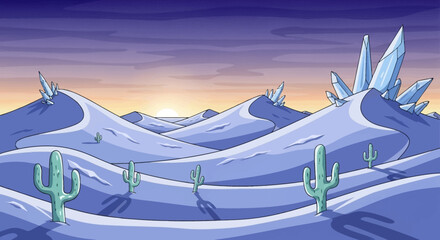 Cactus plants in a desert landscape with large crystal formations.