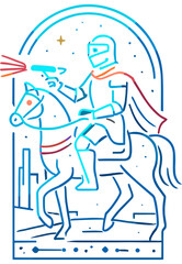 A futuristic gradient line art illustration of a sci-fi knight riding a horse and aiming a laser gun, blending medieval heroism with space-age technology.