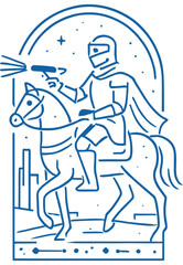 A futuristic line art illustration of a knight in armor riding a horse and firing a laser gun, merging medieval symbolism with sci-fi adventure in a minimalist style.