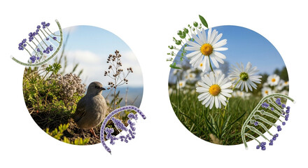 Captivating science collage features DNA helix alongside a small bird in nature and vibrant daisies, symbolizing biology and research connections.
