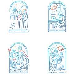 A neon gradient collection of futuristic sacred illustrations merging spirituality and technology, depicting cosmic saints, digital creators, and sci-fi heroes in glowing minimal line art.