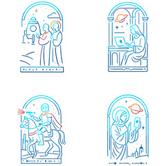 A neon gradient collection of futuristic sacred illustrations merging spirituality and technology, depicting cosmic saints, digital creators, and sci-fi heroes in glowing minimal line art.