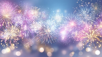 Fototapeta premium Festive Fireworks Display: Celebratory Background with Vibrant Bursts of Color and Bokeh Lights for Events
