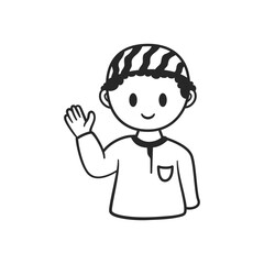 Hand-Drawn Waving Muslim Boy in Peci Cap Doodle Icon