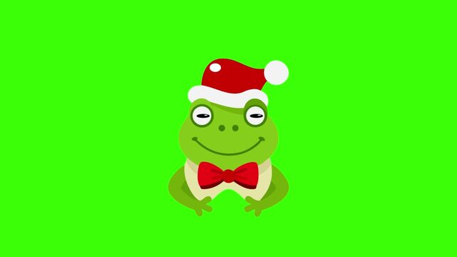a flat-style icon of a green frog wearing a Santa hat and red bowtie, no background.