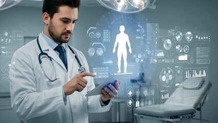 Doctor looking in tablet with medical holographic people and icons showing innovation, security and future of medical advancements. Digital technology in modern healthcare - Powered by Adobe